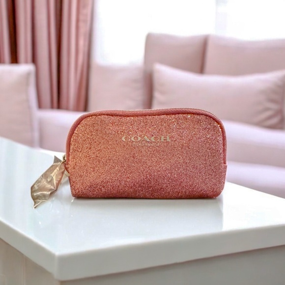 Coach Pink Glitter Mini Pouch with Tea Rose Zipper Pull  -NWOT! - Picture 1 of 5
